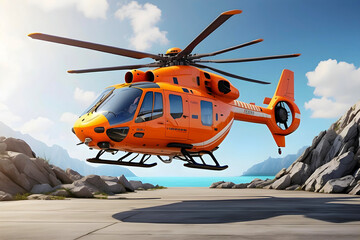 Awaiting Takeoff: Orange and White Helicopter Poised for Liftoff on a Vast Airport Tarmac