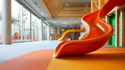 a captivating scene of a state-of-the-art indoor playground with a vibrant slide within a...