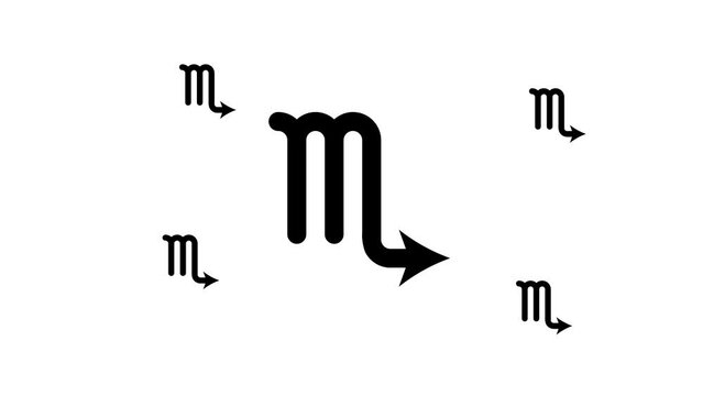 Zoom in and out animation the zodiac scorpio symbol. Large black symbol in the center and four small symbols around. Seamless looped 4k animation on white background