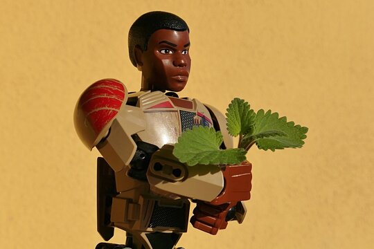 LEGO Star Wars large action figure of rebel and former stormtrooper, Force sensitive Finn, holding spring leaves of Catnip plant, latin name Nepeta Cataria, in his left hand. Yellow wall in background