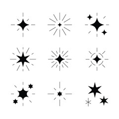 Sparkle vector silhouette set. Star icon flat design element. Bright firework decoration twinkle, flash. Glowing light effect and burst collection.