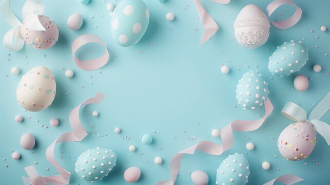Pastel Easter eggs and ribbons on a blue background with copyspace.
