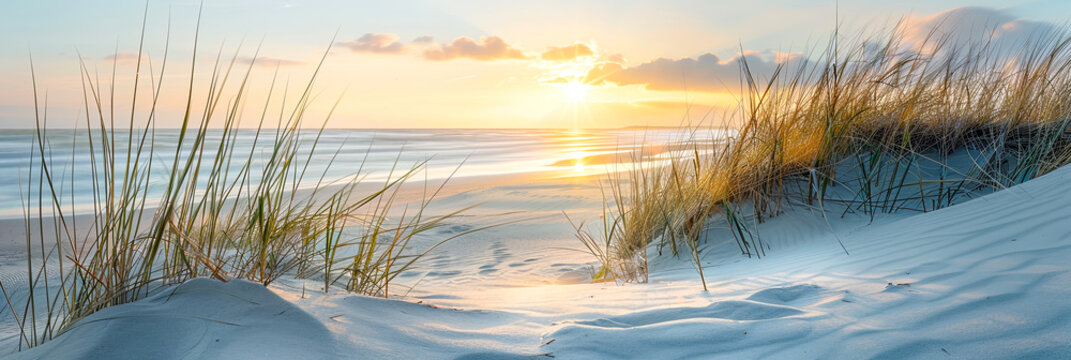 Sonnenaufgang &uuml;ber der Nordsee, Ostsee. Landschaft mit D&uuml;nnen und Gr&auml;ser.