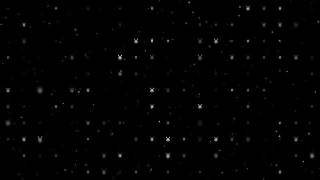 Template animation of evenly spaced yuan symbols of different sizes and opacity. Animation of transparency and size. Seamless looped 4k animation on black background with stars