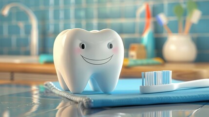 Cute tooth character with a toothbrush.