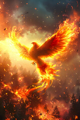 Phoenix Rising from Its Ashes.  Generated Image.  A digital rendering of a fiery phoenix rising from its ashes in a realistic, fantasy landscape.