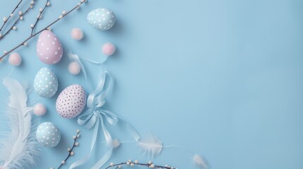 Easter eggs, feathers, and willow on a pastel blue background - obrazy, fototapety, plakaty