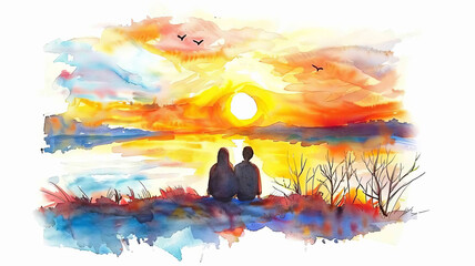 A watercolor painting of Two silhouettes by a lake, observing a vibrant watercolor sunset with flying birds on white background