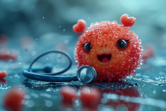 A close-up of a cute erythrocyte character with a stethoscope examining a heart cell, highlighting the importance of cardiovascular health monitoring