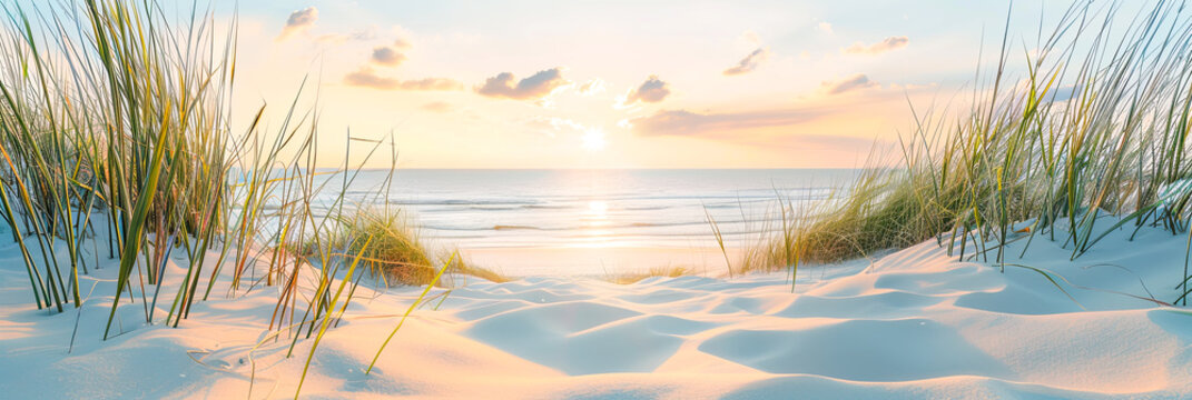 Sonnenaufgang &uuml;ber der Nordsee, Ostsee. Landschaft mit D&uuml;nnen und Gr&auml;ser.