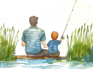 A watercolor painting of a father and son fishing, their shared silence a comfortable melody on white background