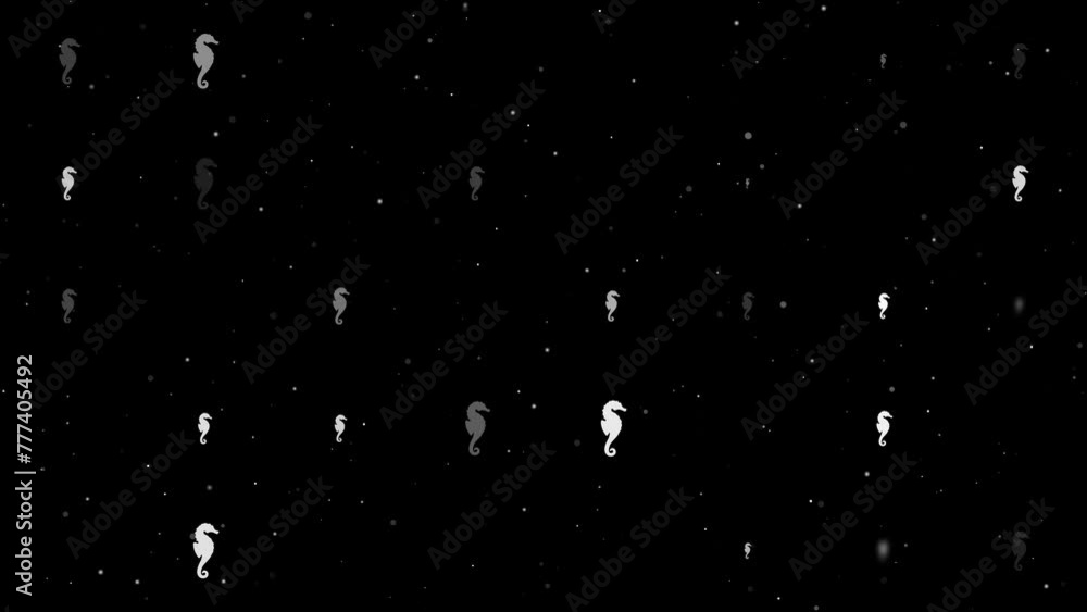 Poster template animation of evenly spaced sea horse symbols of different sizes and opacity. animation of t