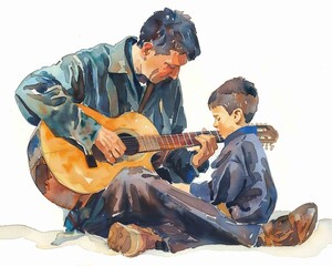 A watercolor painting of a father and son one teaching the other to play guitar on white background