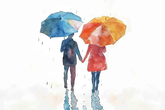 A watercolor painting of Two people holding umbrellas, hand in hand, in a colorful watercolor painting depicting a rainy day on white background