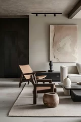  modern living room design with neutral furnishings, in the style of influenced by ancient chinese art, matte photo, matte drawing, japanese-inspired, sabattier filter, naturalist aesthetic, flat, li © olivia