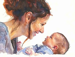 A watercolor painting of a mother s loving gaze at her newborn baby, a silent lullaby of love on white background