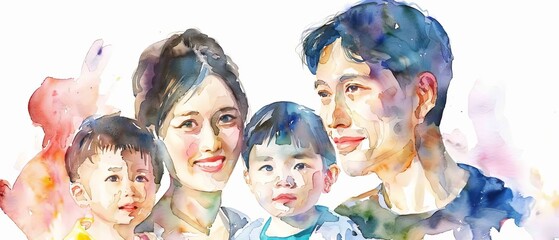 A family portrait in watercolor, each face filled with warmth and love isolated on white background