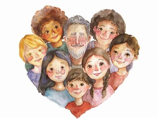 Fototapeta premium A family portrait in watercolor, each face filled with warmth and love isolated on white background