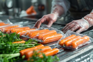 Workers wearing gloves checking plastic packaging of fresh carrots for export import and sale. Food package wrapping machinery. Vegetable and fruit on flow pillow packing machine.