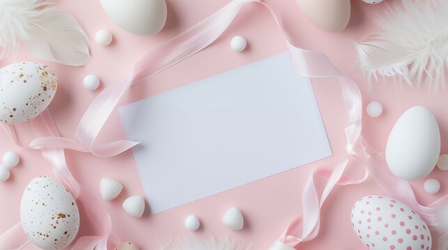 Easter-themed image with eggs, feathers, ribbons and a blank card