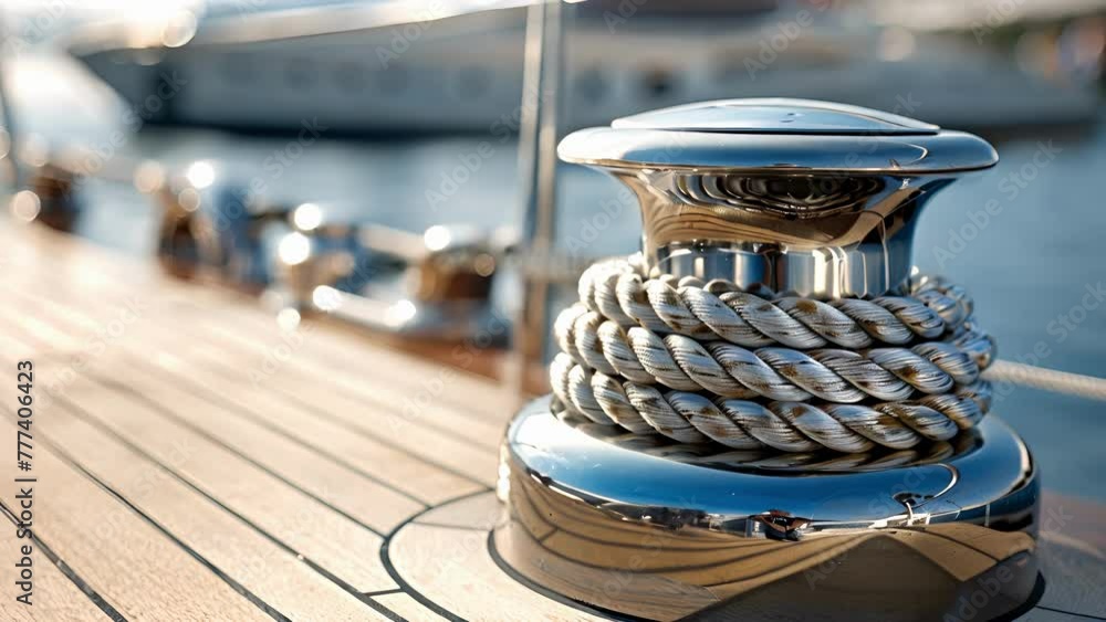 Poster a clear image of a cleat on a yacht deck with a sy base and curved horns perfect for securing ropes 