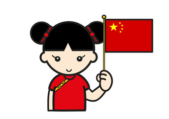 中国国旗を持つチャイナドレスを着た中国人女性