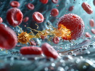A detailed depiction captures a white blood cell traversing the bloodstream, skillfully evading obstacles in search of pathogens - obrazy, fototapety, plakaty