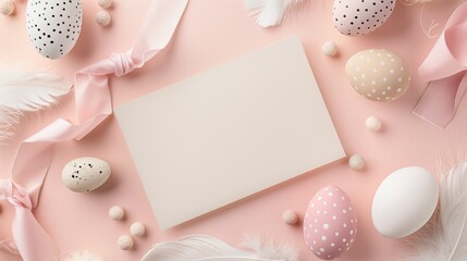 Easter eggs with patterns, feathers, and ribbon on a pink background with copyspace.