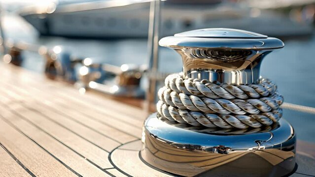 A clear image of a cleat on a yacht deck with a sy base and curved horns perfect for securing ropes and lines.