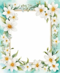 Naklejka na ściany i meble Experience simplicity with our watercolor white floral frame mockup. Pure blossoms encase the space, ready for your text or photo