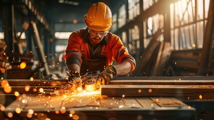 Worker with sparks flying using machinery