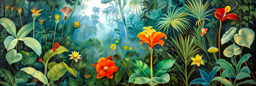Tropische Pflanzen und Blumen im üppigen Regenwald. 
