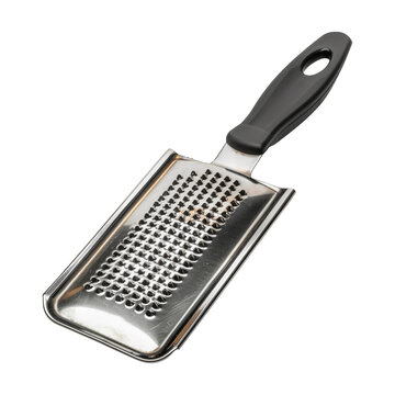 A silver grater with a black handle sits on a white background