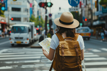 A woman with long hair and a hat, holding a map while traveling in the city center, captured from behind her back. She is wearing a white short-sleeved shirt and a brown backpack