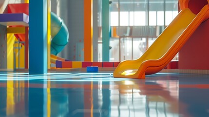 a compelling scene of a state-of-the-art indoor children's playground, featuring a lively slide in...