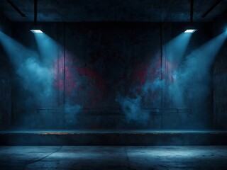 Mysterious empty stage illuminated by blue spotlights and haze.