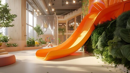 a compelling visual of a state-of-the-art indoor play space for kids, showcasing a bright slide...