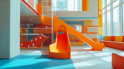 a compelling visual of a state-of-the-art indoor play space for kids, showcasing a bright slide...