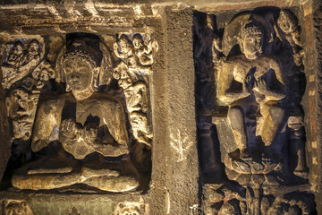 Ajanta caves, a UNESCO World Heritage Site in Maharashtra, India. Reliefs in cave nÂ°6.