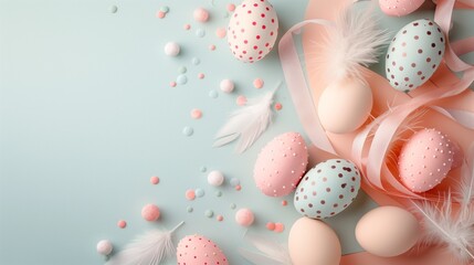 Fototapeta na wymiar Pastel Easter eggs with polka dots and feathers on a soft background