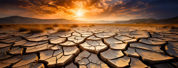 Sun sets over a cracked earth desert landscape. Severe drought and climate change effects. World Soil Day. Panorama with copy space. - obrazy, fototapety, plakaty