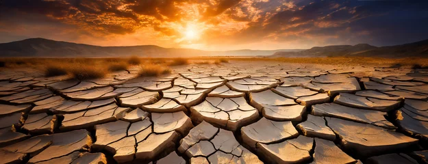 Fototapeten Sun sets over a cracked earth desert landscape. Severe drought and climate change effects. World Soil Day. Panorama with copy space. © Igor Tichonow