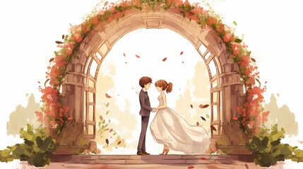 Illustration of the bride and groom, holding hands, stand by a beautifully adorned wedding arch with fresh, vibrant flowers, creating an atmosphere filled with love and happiness.