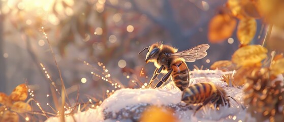 A bee warming up by vibrating its wings on a chilly morning - obrazy, fototapety, plakaty