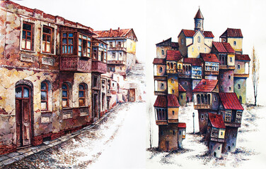 drawing by hand, two in one. sketches of old European houses. beautiful authentic balconies. - 777409456