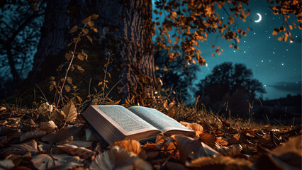 the book is lying under an old oak tree, autumn leaves are all around, the moonlight is visible at...