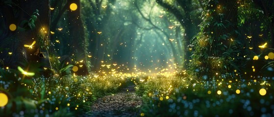 Bees and fireflies creating a light show in a magical forest at night - obrazy, fototapety, plakaty