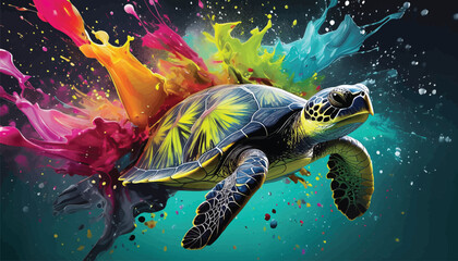 Vibrant Turtle Splashed with Paint on Colorful Background