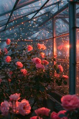  high angle, exterior of a vibrant neon pink floral stained glass greenhouse with golden details, 