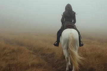 Foto op Canvas View from the back of a woman on a white horse in a field in the fog, selective focus © Tetiana Kasatkina